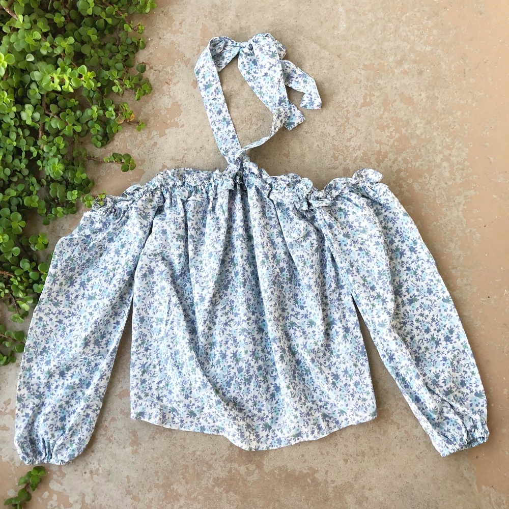 Vince Camuto Blue Floral Print Off Shoulder Blouse